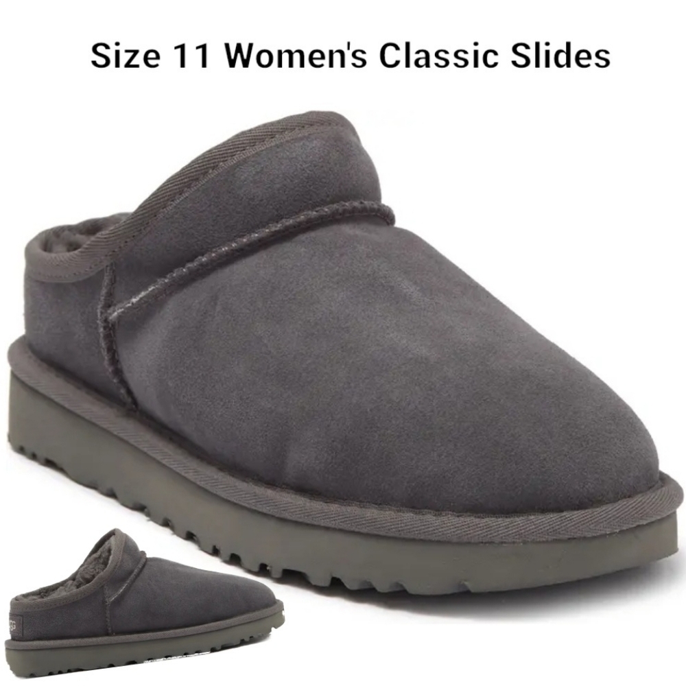 NEW - GREY CLASSIC AUTHENTIC UGG SLIDES (Size 11)